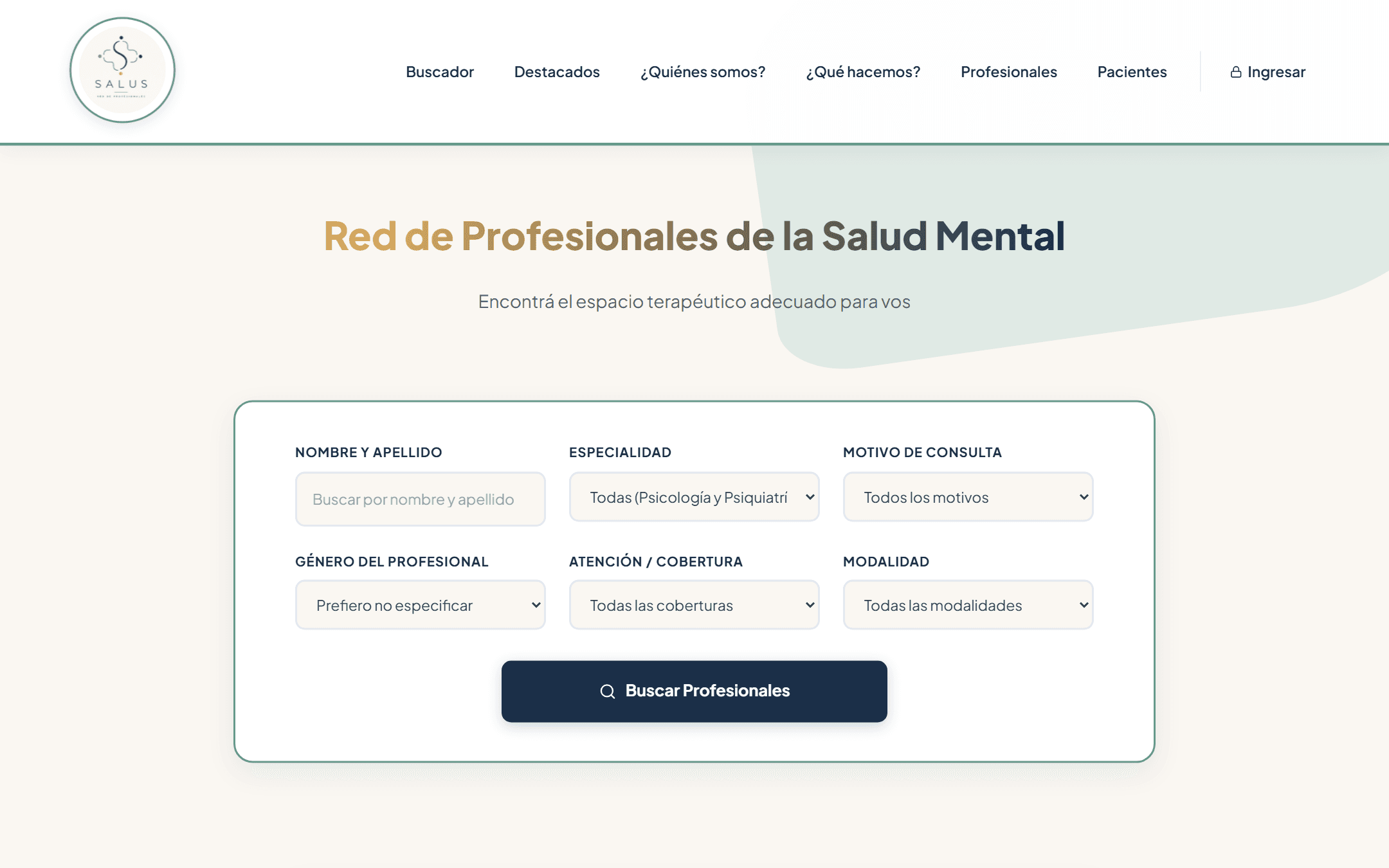 Buscador de profesionales de SALUS con filtros por especialidad, motivo, cobertura y modalidad