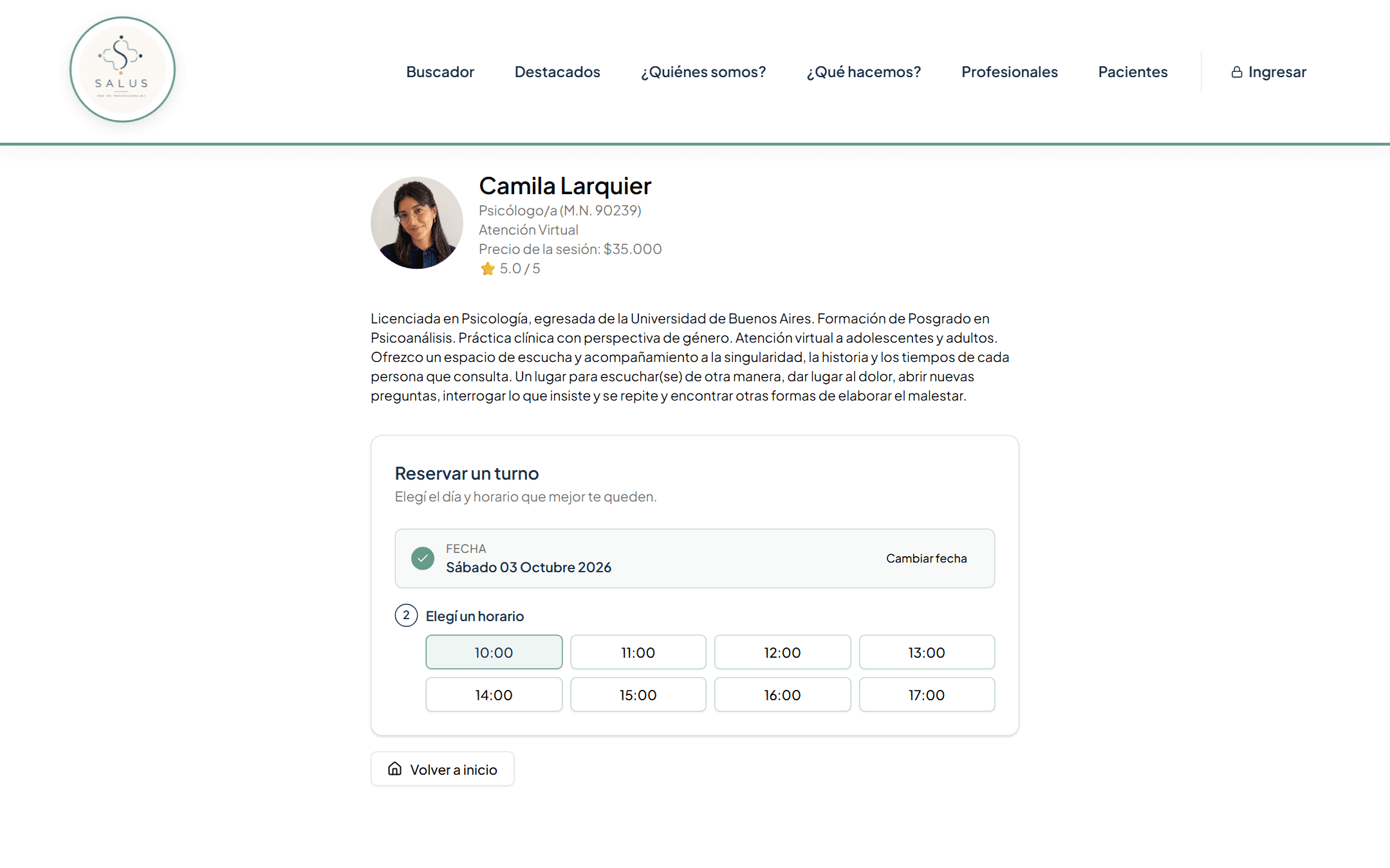 Perfil de un profesional en SALUS con el selector de fecha y horarios disponibles